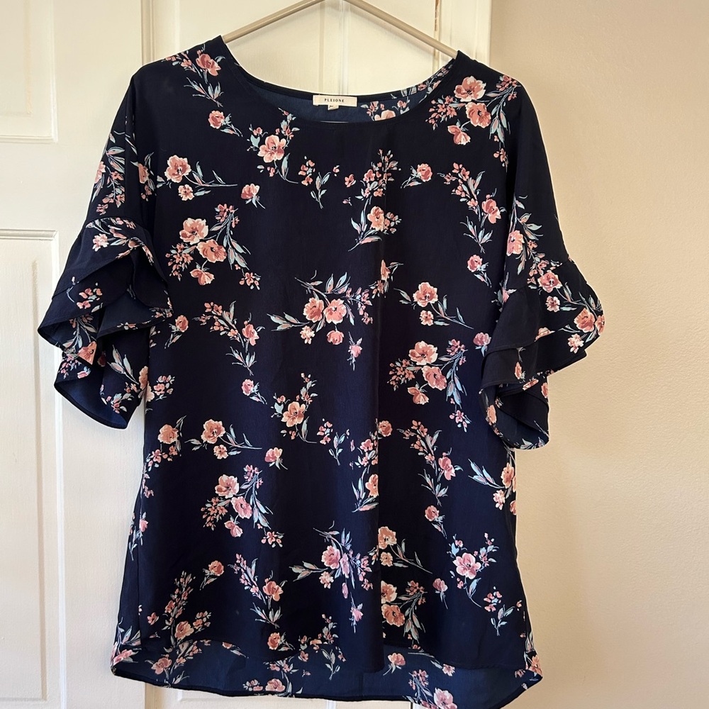 Pleione Navy and Pink Floral Blouse